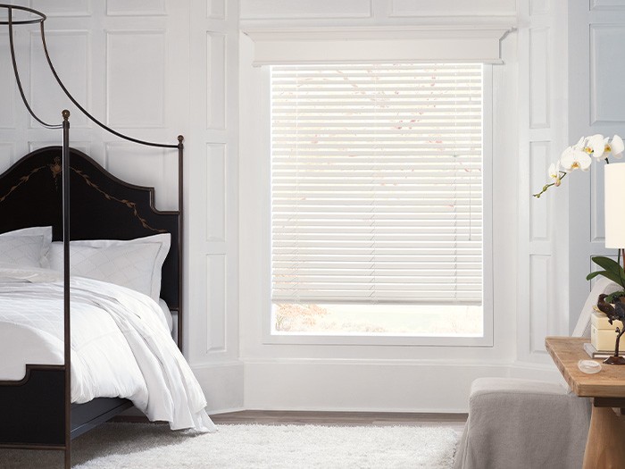 Bedroom featuring Parkland Wood Blinds in Basswod  Color: Fine China